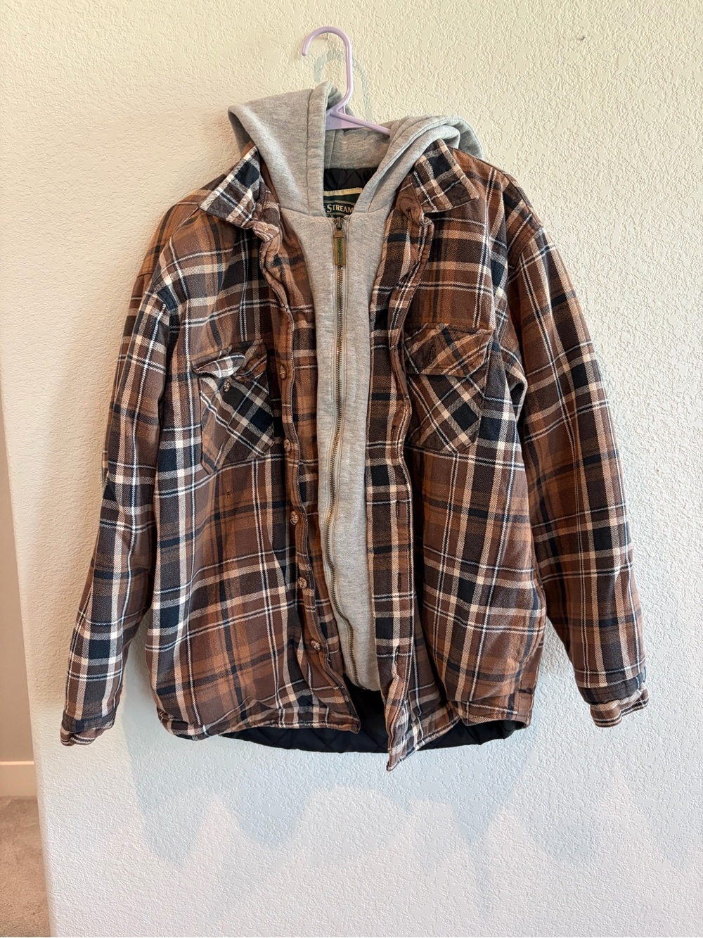 Field & Stream Brown Plaid Hooded Quilted Shacket Jacket